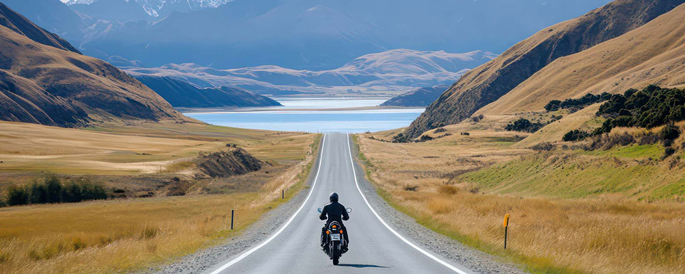 Motorrad fährt zum See